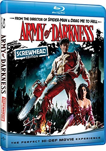 Army of Darkness Screwhead Edition Blu-ray cover featuring protagonist with chainsaw and medieval setting.