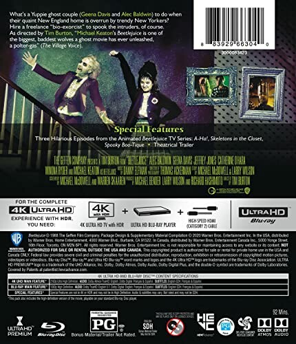 Back cover of Beetlejuice 4K Blu-ray with special features listed.