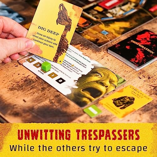 Person holding a game card over a board in a suspenseful board game setting.