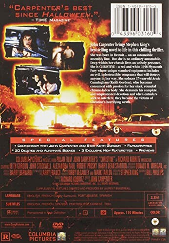 DVD cover of Stephen King's Christine with fiery car and movie details.