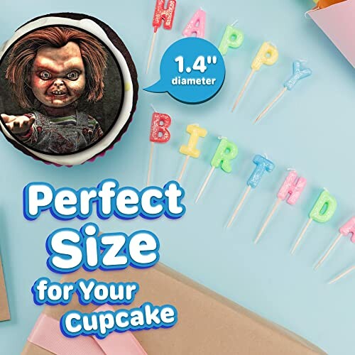 Chucky cupcake topper with 'Happy Birthday' candles.