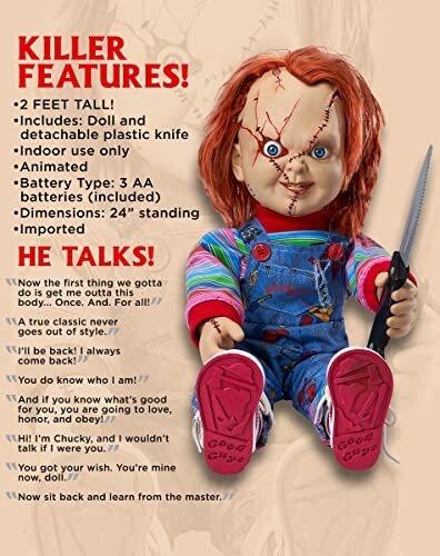 Chucky doll with features and quotes listed.