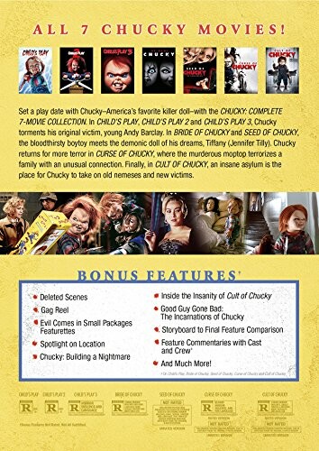 Chucky movie collection box set with bonus features listed.