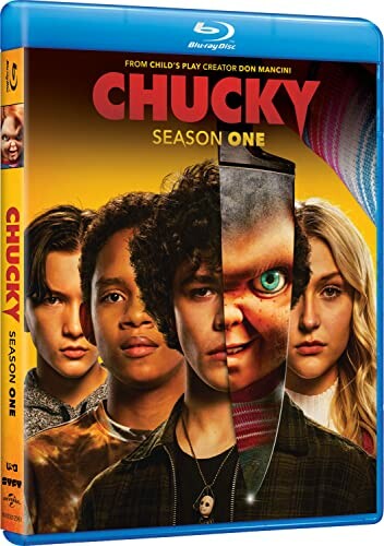 Blu-ray cover of Chucky Season One featuring main characters and Chucky doll.