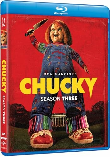 Blu-ray cover of Chucky Season Three with Chucky holding a knife.