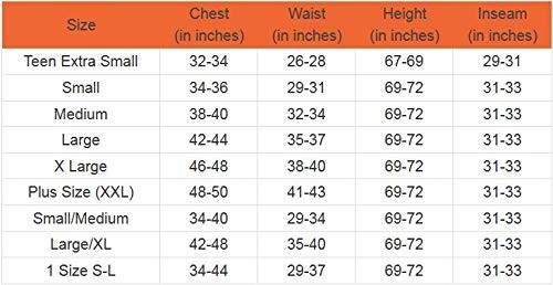 Clothing size chart with measurements for chest, waist, height, and inseam.