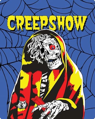 Illustrated skull with cloak on a spider web background with 'Creepshow' text.