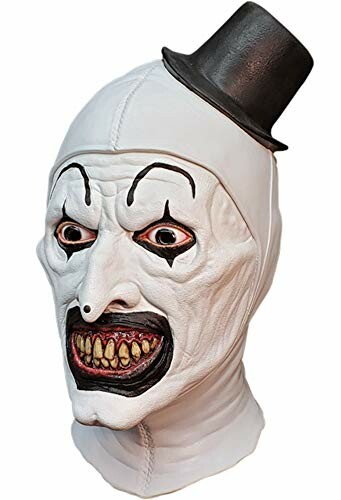 Creepy clown mask with top hat and exaggerated features.