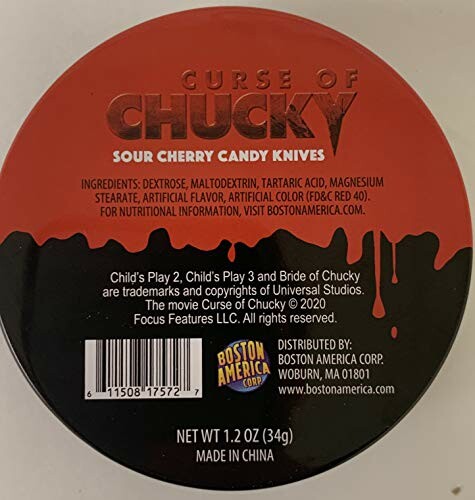 Curse of Chucky sour cherry candy tin with knife design.