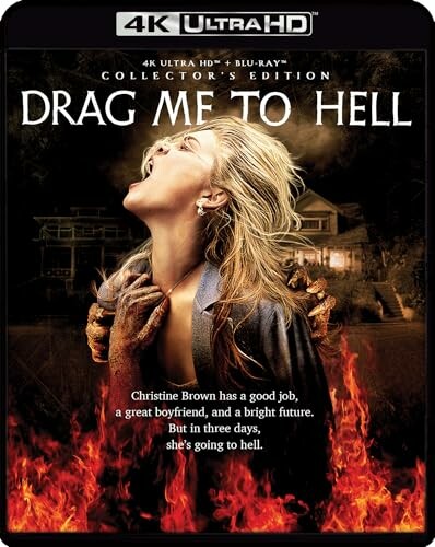 Cover of 'Drag Me to Hell' 4K Ultra HD Blu-ray Collector's Edition, featuring a woman screaming with supernatural hands grabbing her.