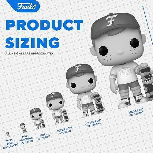 Funko product sizing chart with figures from bitty to mega.