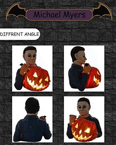 Statue of a horror character holding a carved pumpkin, shown from different angles.