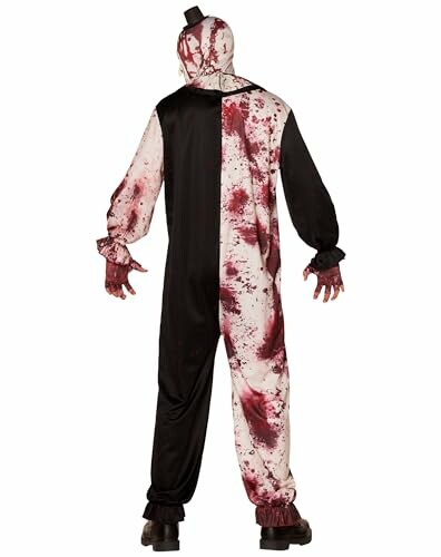 Back view of a Halloween clown costume with blood stains