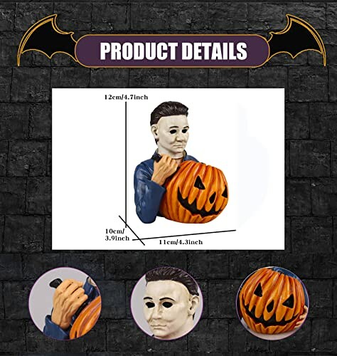 Halloween figure holding a pumpkin with size dimensions.