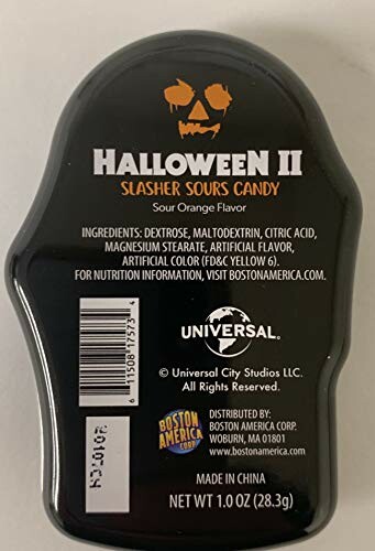 Halloween II Slasher Sours Candy with sour orange flavor and nutritional information on packaging.