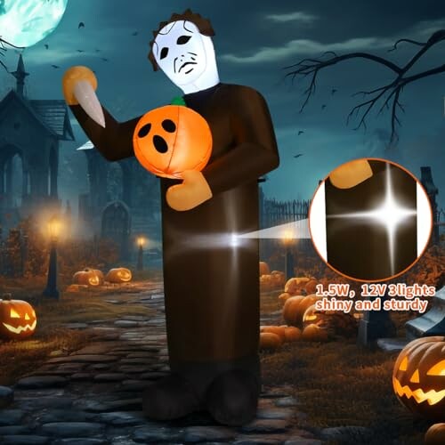 Inflatable Halloween figure holding a pumpkin with lights in a spooky setting.