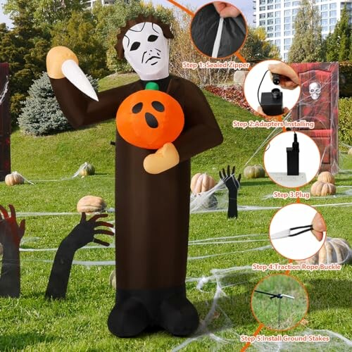 Halloween inflatable decoration with a masked figure holding a pumpkin, surrounded by setup instructions.