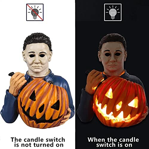 Figure in mask holding a pumpkin with and without candle light.