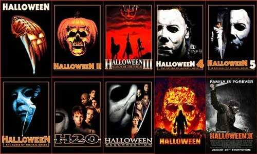 Collage of Halloween movie posters featuring different films in the series.