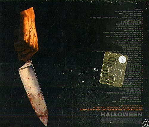 Cover of the Halloween movie soundtrack with a bloody knife.