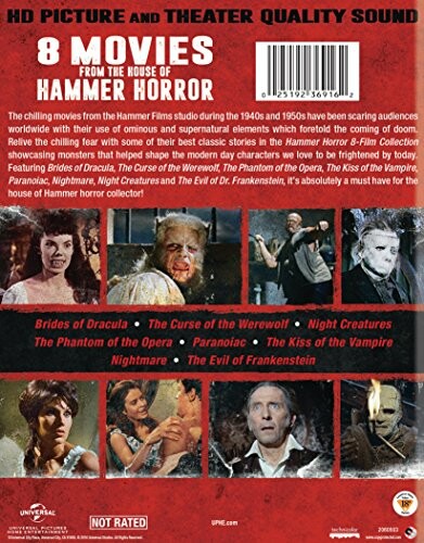 Back cover of Hammer Horror 8-movie collection DVD with movie titles and description.