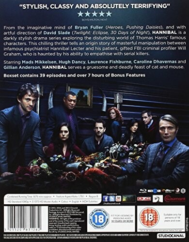 Back cover of Hannibal TV series boxset with cast and show details.