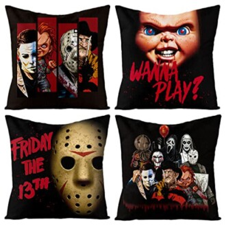 Pillows featuring horror movie characters and phrases.