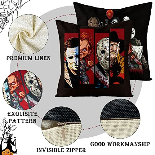 Pillow covers featuring horror movie characters with premium linen, exquisite pattern, invisible zipper, and good workmanship.