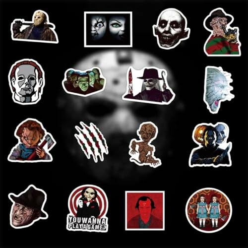 Collection of horror movie character stickers on a black background.