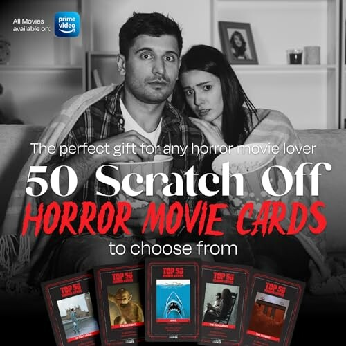 Couple with horror movie scratch-off cards, perfect gift for horror movie lovers.