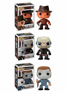 Vinyl figures of Freddy Krueger, Jason Voorhees, and Michael Myers with their boxes.