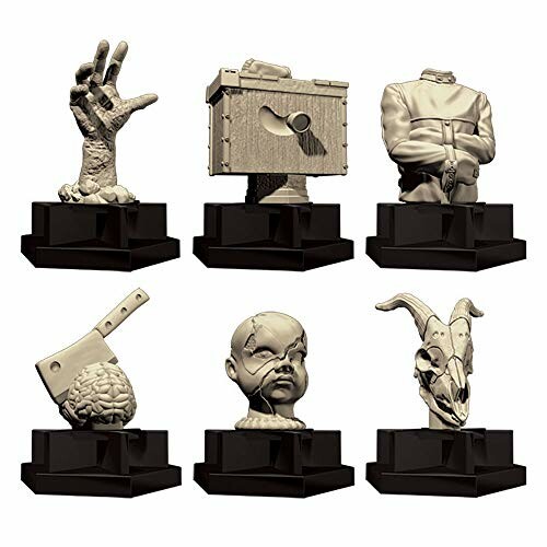 Set of six horror-themed chess pieces including a zombie hand, guillotine, straitjacket, cleaver with brain, cracked doll head, and goat skull.