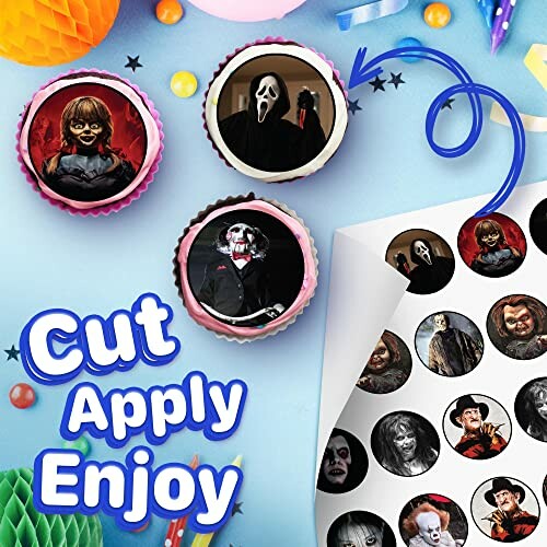 Horror-themed cupcake toppers with cut and apply instructions.