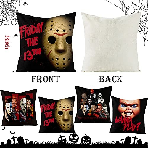 Pillows featuring horror movie characters and phrases.