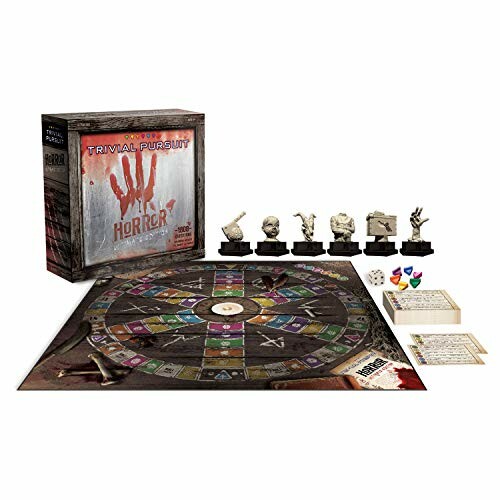 Horror-themed Trivial Pursuit board game with box, board, pieces, and cards.