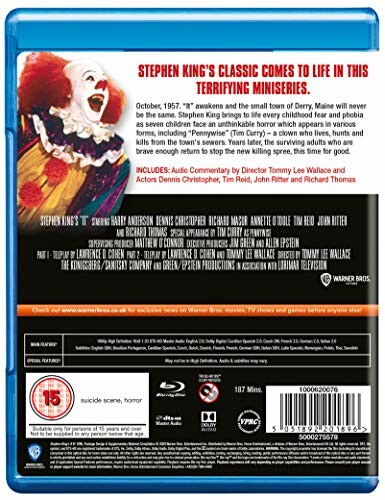 Back cover of IT miniseries Blu-ray with clown illustration and description.