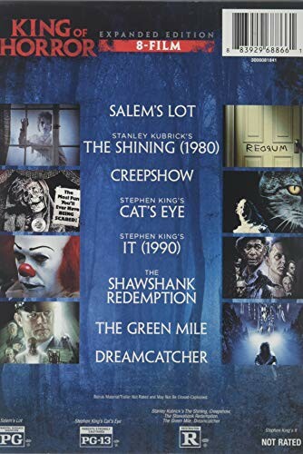 DVD cover of King of Horror 8-film collection including Salem's Lot, The Shining, Creepshow, Cat's Eye, It, The Shawshank Redemption, The Green Mile, and Dreamcatcher.