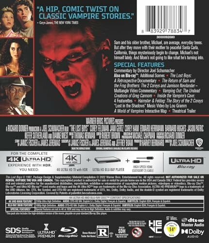 The Lost Boys 4K Ultra HD cover with special features listed.