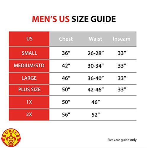 Men's US size guide with chest, waist, and inseam measurements.