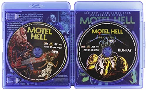 Motel Hell Blu-ray and DVD combo pack with illustrated covers.