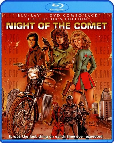 Night of the Comet Blu-ray cover with characters and motorcycle.