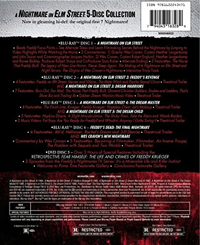 Back cover of A Nightmare on Elm Street 5-disc collection with movie details and features.