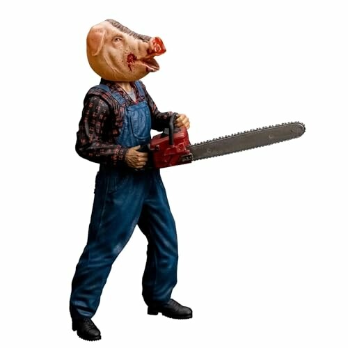 Figure wearing a pig mask with a chainsaw