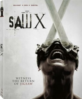 Saw X Blu-ray DVD cover with person wearing goggles and tubes.