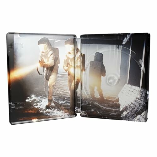 Open steelbook case with sci-fi artwork of two figures in suits.