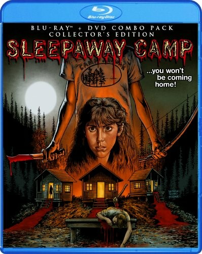 Sleepaway Camp Blu-ray cover showing a menacing figure, cabins, and a person in distress.