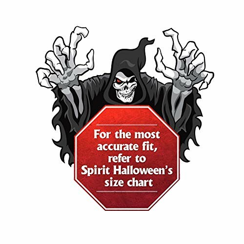 Grim reaper with size chart reminder for Spirit Halloween.