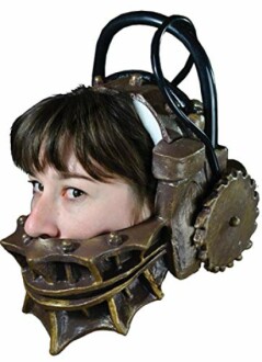 Person wearing a steampunk-themed headgear with mechanical design.