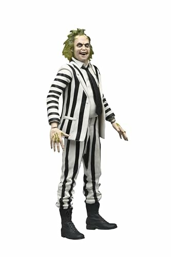 Action figure in black and white striped suit with green hair