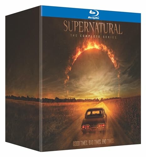 Supernatural Complete Series Blu-ray box set with car and fiery sky